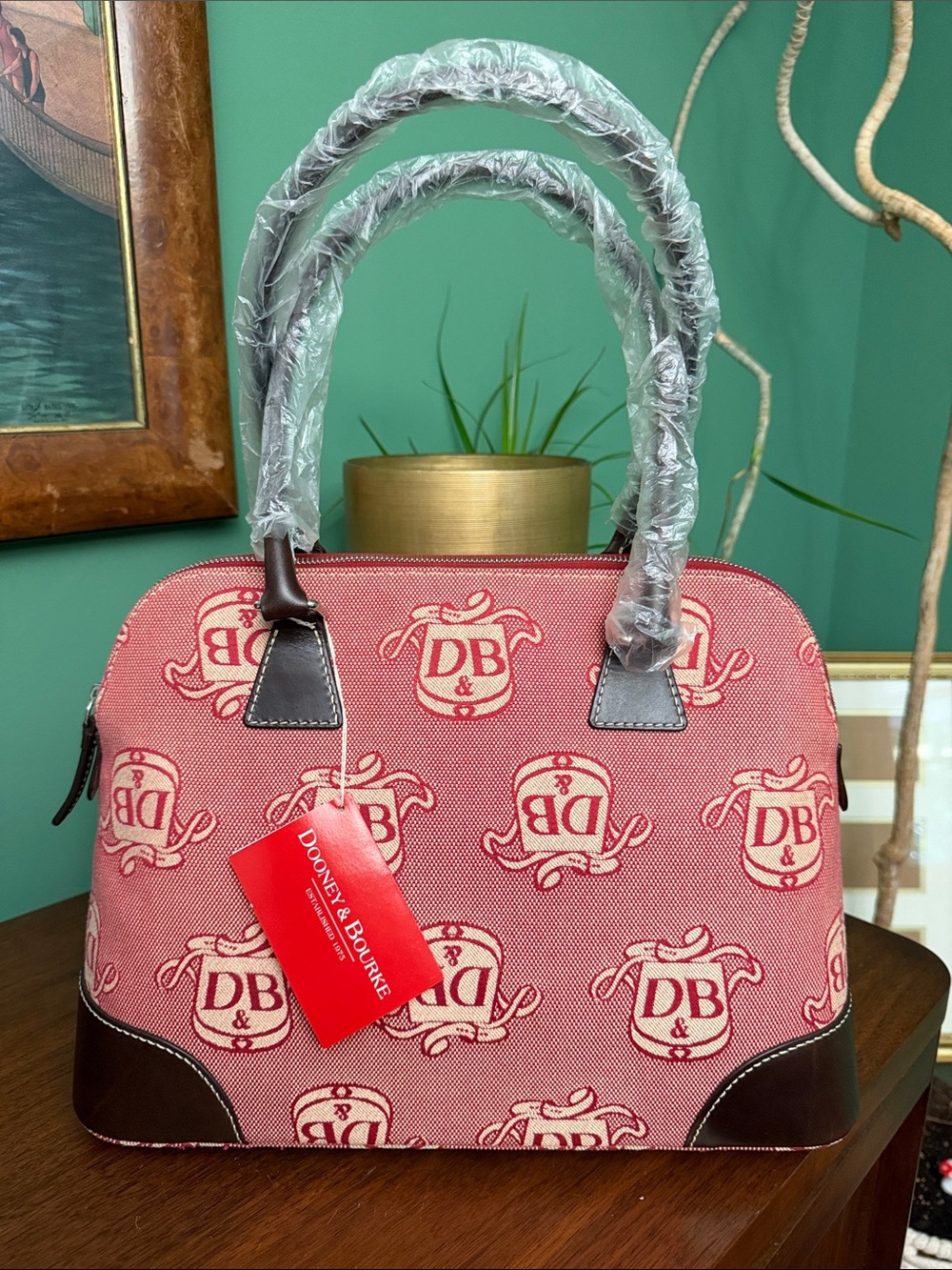 Dooney & Bourke Logo Domed Satchel Red Cream White with Brown Trim